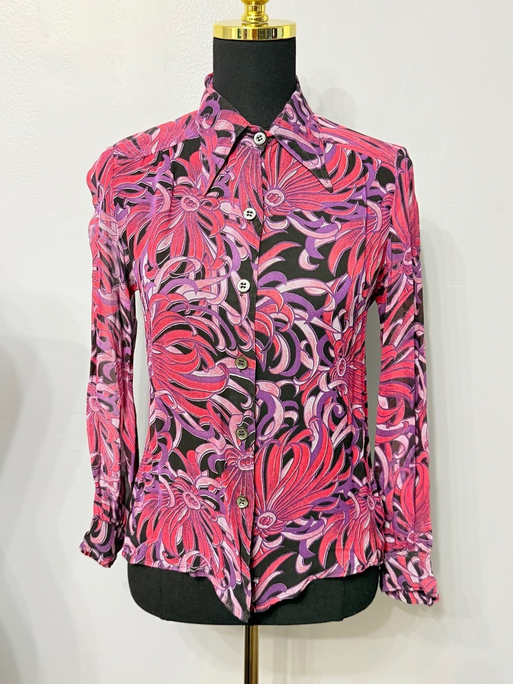 #8) Women’s Red & Purple Floral Sheer Button-Up Shirt